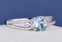 1 CT Round Cut Aquamarine & CZ Diamond White Gold Over On 925 Sterling Silver Solitaire W/Accents Ring