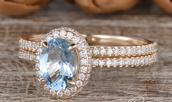 1 CT Oval Cut Aquamarine Rose Gold Over On 925 Sterling Silver Halo Women Bridal Ring Set