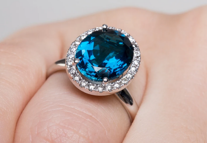 1 CT Oval Cut Blue London Topaz White Gold Over On 925 Sterling Silver Halo Engagement Ring