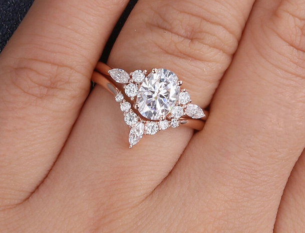 1 CT Oval Cut Rose Gold Over On 925 Sterling Silver Bridal Promise Ring Set