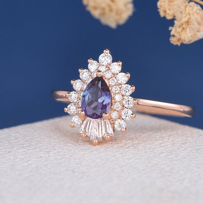 2 CT Pear Cut Alexandrite Diamond  925 Sterling Silver Antique Baguette Cluster Wedding Ring