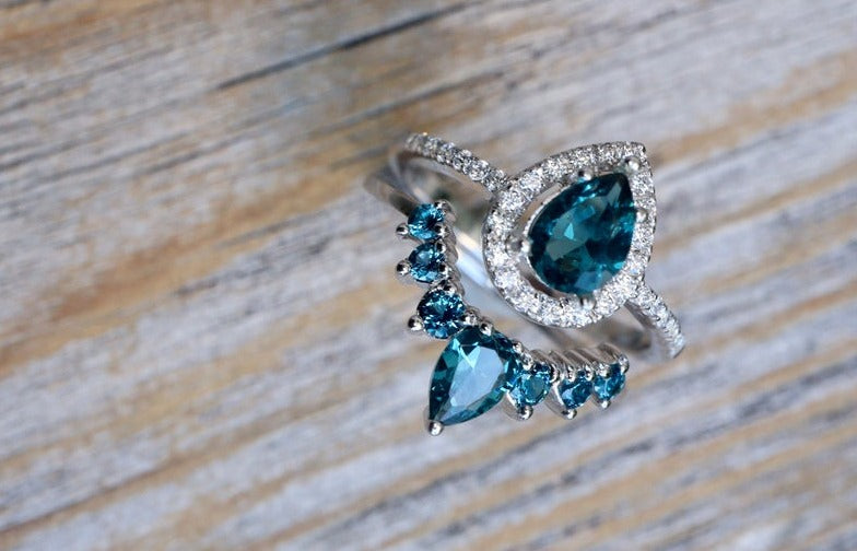 2 CT Pear Cut London Blue Topaz Diamond 925 Sterling Silver Halo Wedding Bridal Ring Set