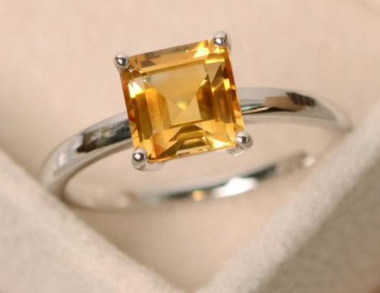 1 CT Princess Cut Citrine Yellow 925 Sterling Silver Women Engagement Solitaire Ring