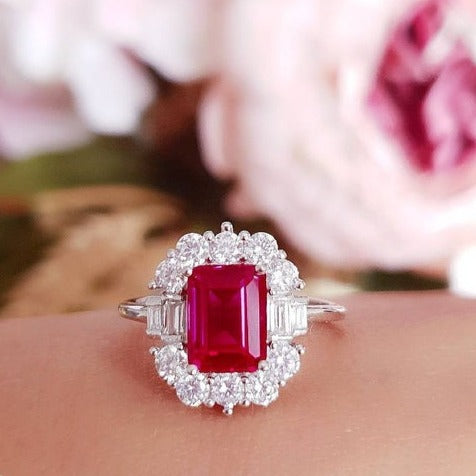 1 CT 925 Sterling Silver Ruby Emerald Cut Diamond Halo Engagement Ring
