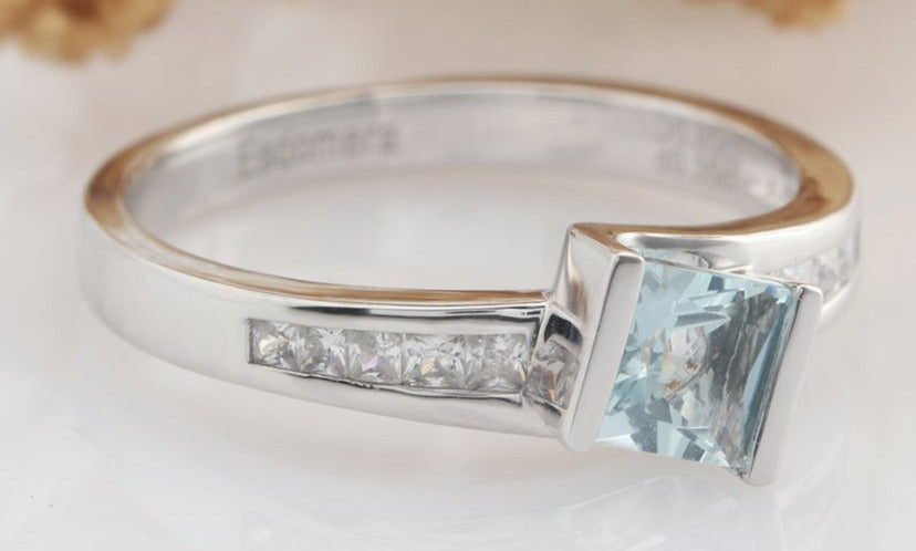 1 CT Princess Cut Aquamarine Blue Diamond 925 Sterling Sliver Women Wedding Promise Ring