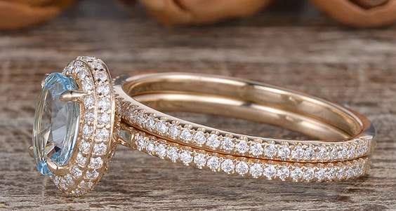 1 CT Oval Cut Aquamarine Rose Gold Over On 925 Sterling Silver Halo Women Bridal Ring Set