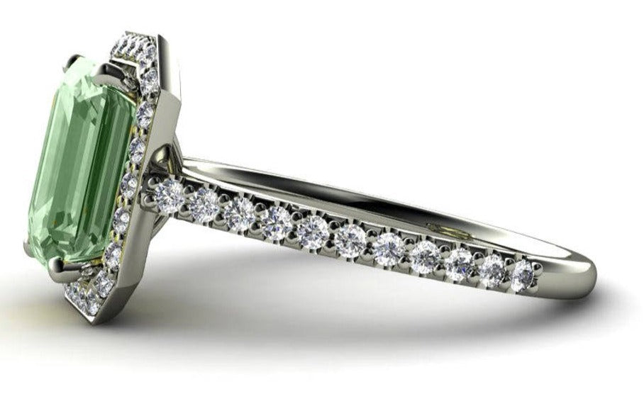 2 CT  Emerald Cut Green Amethyst Diamond 925 Sterling Silver Halo Anniversary Ring