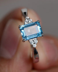 1 CT Emerald Cut Blue Topaz Diamond 925 Sterling Silver Women Anniversary Promise Ring