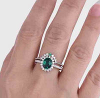 3 CT Oval Cut Green Emerald Diamond 925 Sterling Silver Halo Wedding Bridal Ring Set