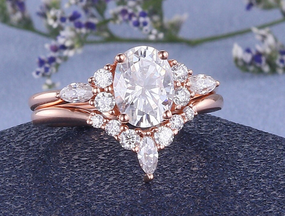1 CT Oval Cut Rose Gold Over On 925 Sterling Silver Bridal Promise Ring Set
