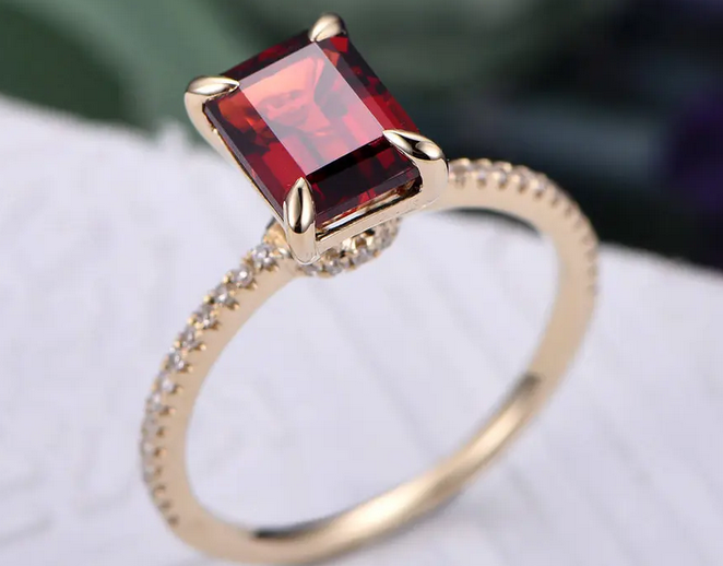 1 CT Emerald Cut Red Garnet Yellow Gold Ove On 925 Sterling Silver Solitaire W/Accents Ring