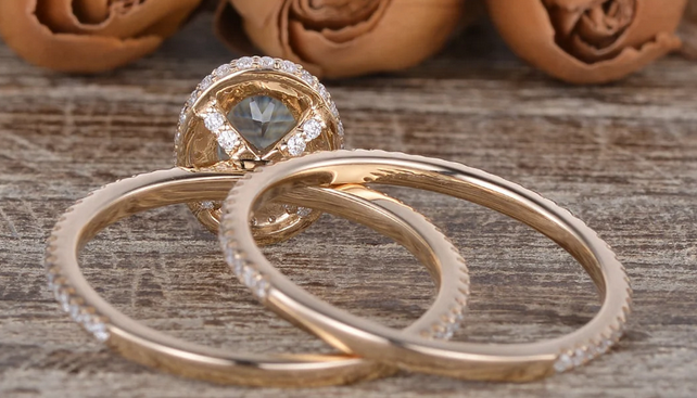 1 CT Oval Cut Aquamarine Rose Gold Over On 925 Sterling Silver Halo Women Bridal Ring Set