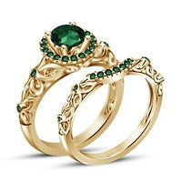 2 CT Round Cut Emerald 925 Sterling Sliver Princess Snow White Bridal Ring Set