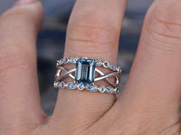 2CT Emerald Cut AAA Blue Toapz Solitaire Trio Wedding Ring Set 14k White Gold FN - atjewels.in