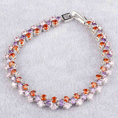 25 CT Round Amethyst Pink Sapphire 925 Sterling Silver Cluster Tennis Bracelet