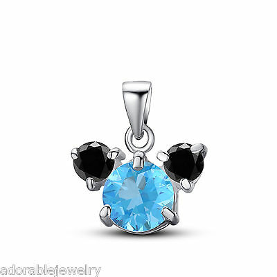 White Gold Finished 925 Sterling Aquamarine & Black Diamond Three Stone Pendant - atjewels.in