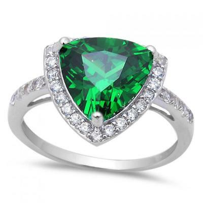 Trillion Cut Emerald 14k White Gold Over Diamond Solitaire Engagement Halo Ring - atjewels.in