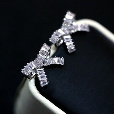925 Sterling Silver 1/2 CT Baguette Cut Diamond Bow Love Stud Women's Earrings