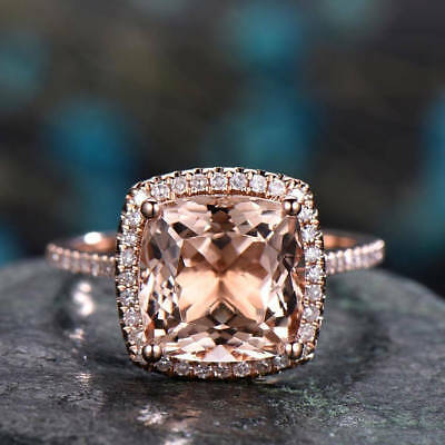 2 CT Cushion Cut Morganite Engagement 14k Rose Gold FN Diamond Halo Wedding Ring - atjewels.in