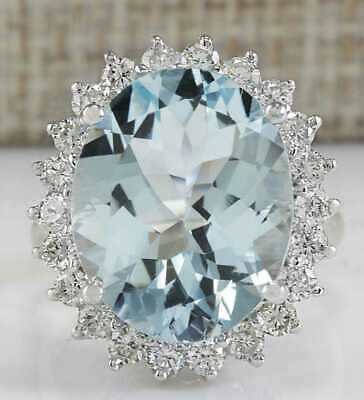 8CT Brilliant Oval Cut Aquamarine 14k White Gold Over Halo Party Wear Large Ring - atjewels.in