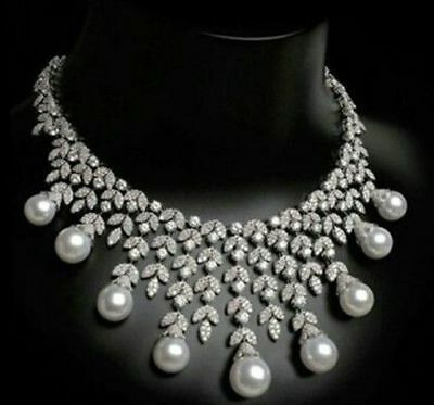 98CT Round Cut Pearl 925 Sterling Silver Drop Diamond Wedding 16" Necklace