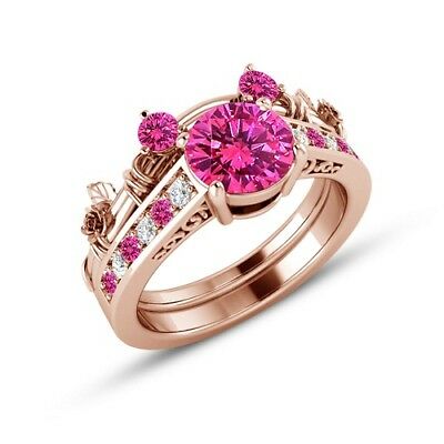 2 CT Round Cut Sapphire 14k Rose Gold Over Mickey Mouse Diamond Bridal Ring Set - atjewels.in