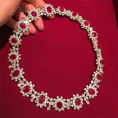 45 CT Oval Cut Red Ruby 14k White Gold Over Diamond Halo Wedding Tennis Necklace - atjewels.in