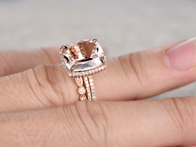 5 CT Cushion Cut Morganite Wedding Diamond Trio Ring Set 14k Rose Gold Over - atjewels.in