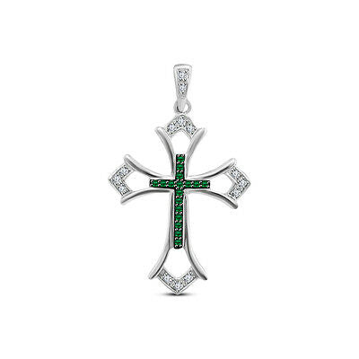 925 Sterling Silver Round Cut Green Emerald & Whiite CZ Cross pendant