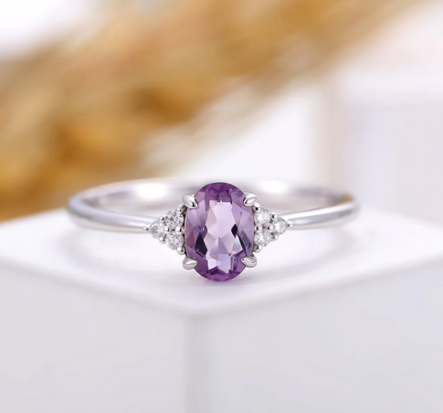 1 CT Oval Cut Amethyst & CZ Diamond White Gold Over On 925 Sterling Silver Solitaire W/Accents Ring