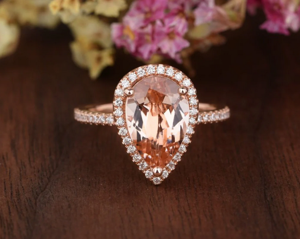 1 CT Pear Cut Morganite Rose Gold Over On 925 Sterling Silver Halo Anniversary Ring