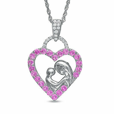925 Sterling Silver Round Cut White Diamond & Pink Sapphire Mom-Child Pendant - atjewels.in