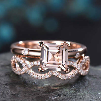 2 CT Princess Cut Morganite 14k Rose Gold Over Diamond Wedding Bridal Set Ring - atjewels.in
