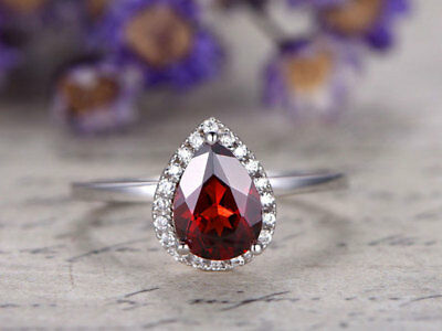 14k White Gold Over 1 Ct Pear Cut Garnet & Diamond Halo Engagement Wedding Ring - atjewels.in