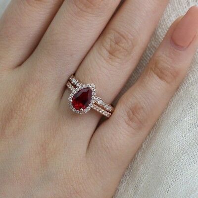 2 Ct Pear Cut Red Garnet & Diamond 14k Rose Gold Over Bridal Engagement Ring Set - atjewels.in