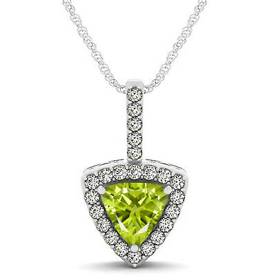White Gold Over 925 Sterling Silver Beautiful Trillion Cut Peridot Halo Pendant - atjewels.in