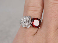 925 Sterling Silver 3 CT Cushion Cut Garnet Engagement Diamond Floral Wedding Ring
