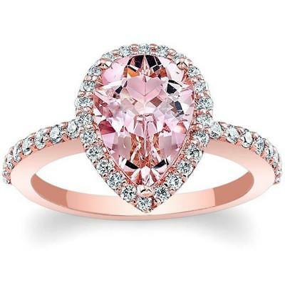 2CT Pear Cut Morganite 14k Rose Gold Over Diamond Solitaire Halo Engagement Ring - atjewels.in