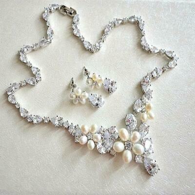 14k White Gold Over Pearl & Diamond Floral Tennis Matching Wedding Necklace Set - atjewels.in