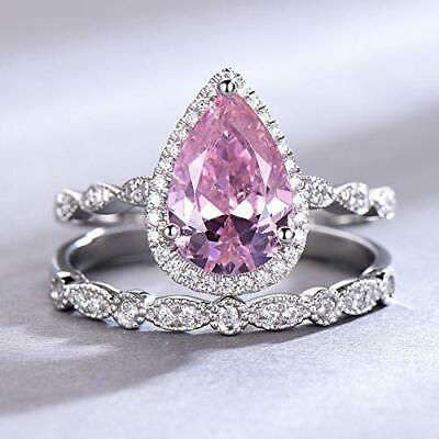 2.2 CT Pear Cut Pink Sapphire 14k White Gold Over Diamond Halo Bridal Ring Set - atjewels.in