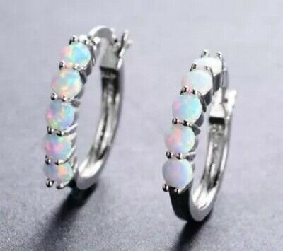1 CT Round Cut White Fire Opal 14k White Gold Over Ear Stud Drop Hoop Earrings - atjewels.in