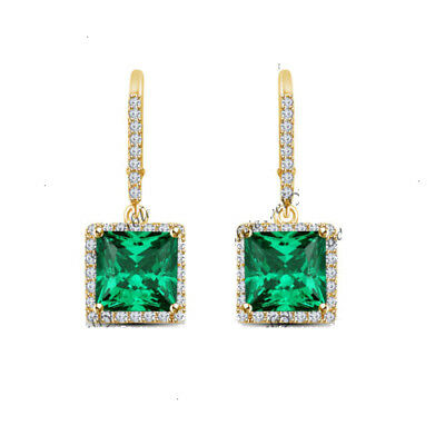 Princess Cut Emerald 14k Yellow Gold Over On 925 Sterling Sliver Drop Dangle Leverback Wedding Earrings