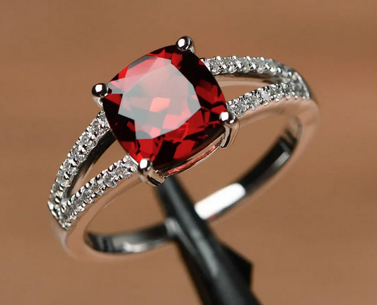 1 CT Cushion Cut Red Garnet White Gold Over On 925 Sterling Silver Solitaire With Accents Ring