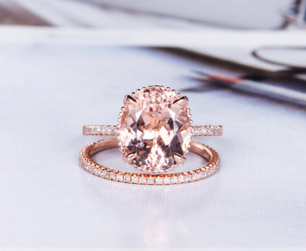 1 CT Oval Cut Morganite Rose Gold Over On 925 Sterling Silver Wedding Bridal Ring Set