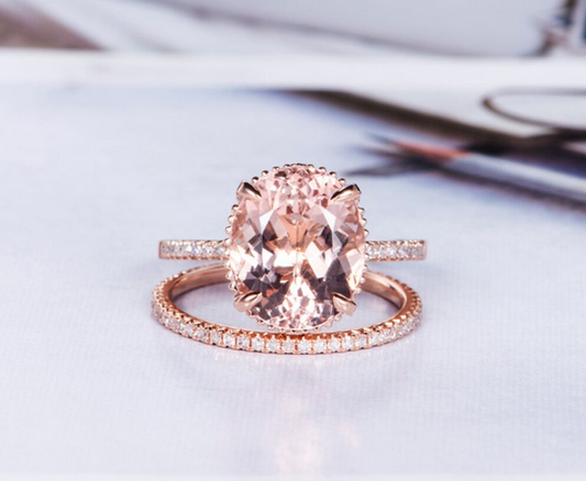 1 CT Oval Cut Morganite Rose Gold Over On 925 Sterling Silver Wedding Bridal Ring Set