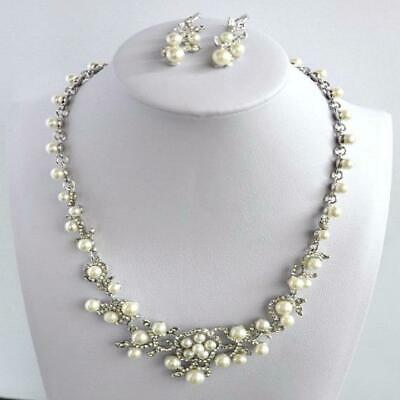 14k White Gold Over Round Cut Pearl & Diamond Floral Tennis Wedding Necklace Set - atjewels.in