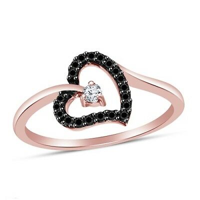14k Rose Gold Over 0.45CT Round Cut Black & White Diamond Heart Anniversary Ring - atjewels.in