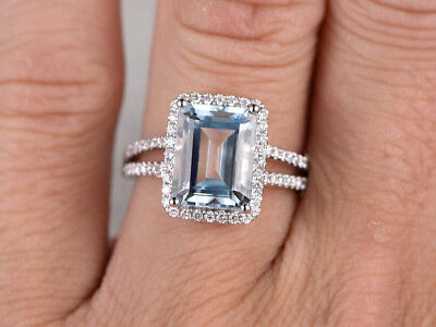 14k White Gold Over 4 CT Emerald Cut Aquamarine & Diamond Halo Split Shank Ring - atjewels.in