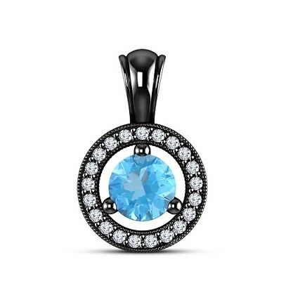 1/2 Ct Round Cut 14K Black Gold Over Diamond Aquamarine Halo Engagement Pendant - atjewels.in
