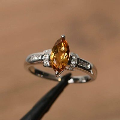 14k White Gold Over Marquise Cut Yellow Citrine & Diamond Womens Engagement Ring - atjewels.in